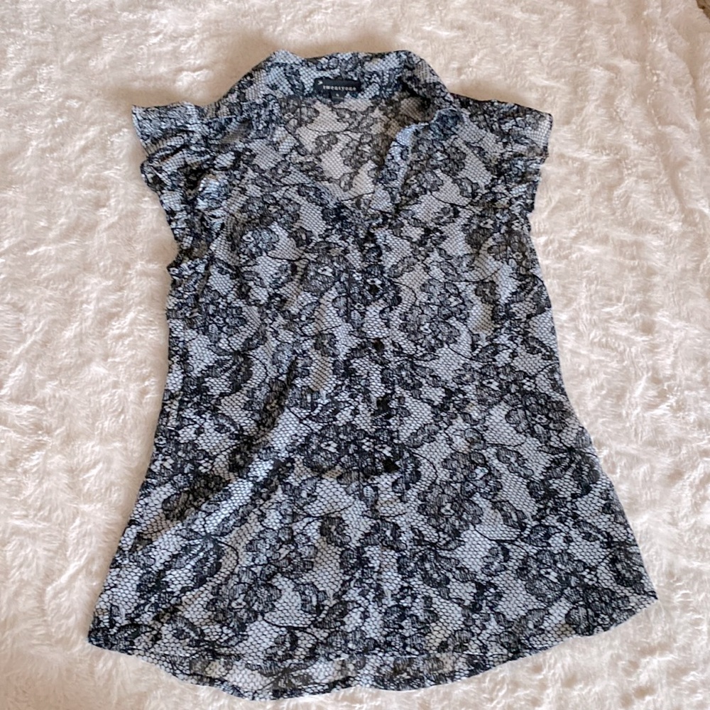 Sheer ruffle cap sleeve collared shirt